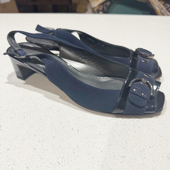 STUART WEITZMAN Black Navy Patent Leather Fabric Buckle Open Toe Pumps Sz 8.5 - Picture 5 of 9